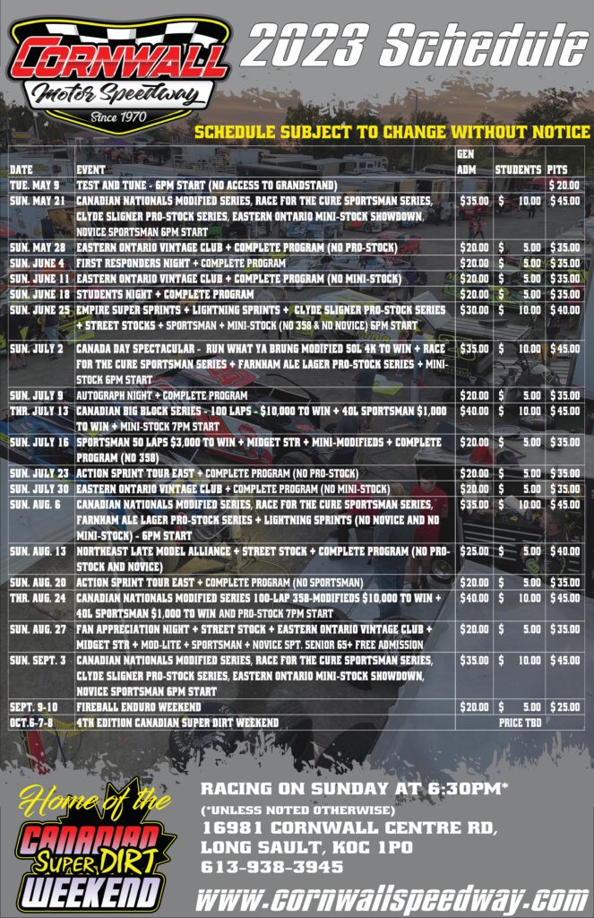 Schedule – Cornwall Motor Speedway